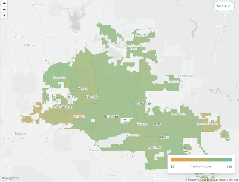 This map, from TreeEquityScore.org, displays tree canopy coverage across the Phoenix metropolitan area using a color gradient; areas with lower scores are orange, while those with higher scores are green. The map illustrates significant disparities in tree canopy cover across different neighborhoods, highlighting areas needing investment to improve equity.