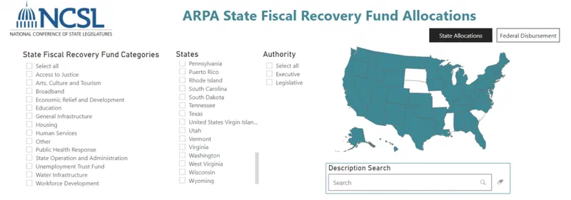 This interactive map from the National Conference of State Legislatures (NCSL) shows ARPA State Fiscal Recovery Fund allocations across states. States can be selected to view spending by category, such as broadband or housing, revealing that Pennsylvania and Puerto Rico have allocated funds to the executive branch.