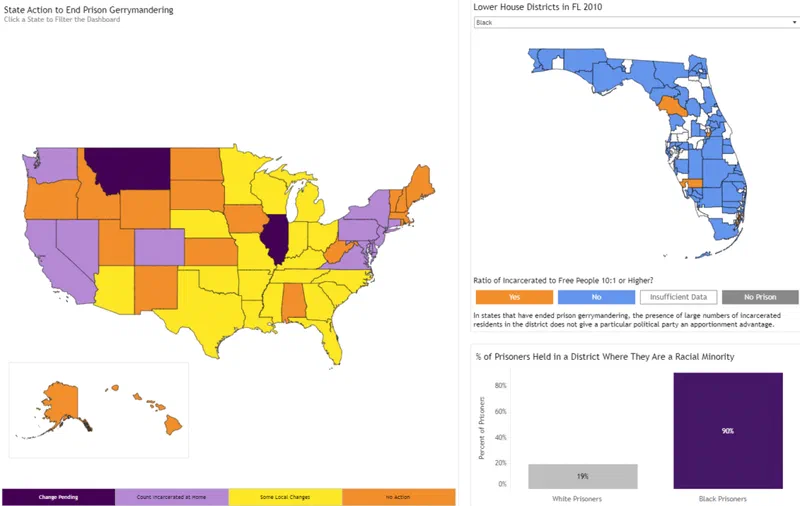 Choropleth map showing the ratio of incarcerated to free people in each U.S. state, with darker colors indicating a higher ratio. The map highlights states where prison populations significantly impact district-level political representation, demonstrating how mass incarceration can undermine Black voters' power.