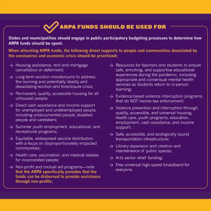 Flowchart outlining ARPA funds priorities, including housing assistance, education support, violence interruption programs, and broadband access. The chart emphasizes prioritizing direct supports for people and communities impacted by the coronavirus crisis. Image from Interrupting Criminalization Fact Sheet.