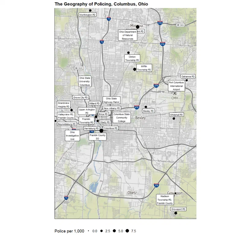 Map of Columbus, Ohio showing the jurisdictions of various police departments including the Columbus Police Department (CPD), Ohio State University Police, and several county sheriff's offices. The map illustrates the fragmented nature of law enforcement across the Columbus metro area, highlighting that residents may be subject to multiple agencies.