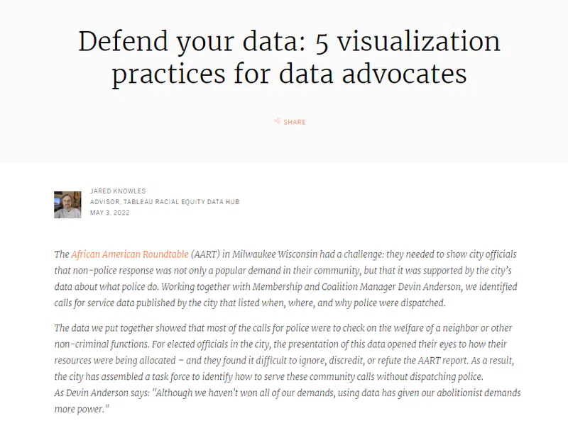 Screenshot of the Tableau website displaying a blog post titled 'Defend your data: 5 visualization practices for data advocates.' The post features a photograph of Jared Knowles, advisor at Tableau Racial Equity Data Hub.