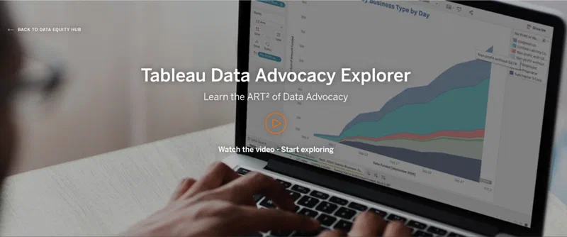 Screenshot of a laptop displaying the Tableau Data Advocacy Explorer, showcasing a stacked area chart visualizing business types by day. The chart demonstrates that non-profit entities without 501(c)(3) status represent a significant portion of business types tracked.