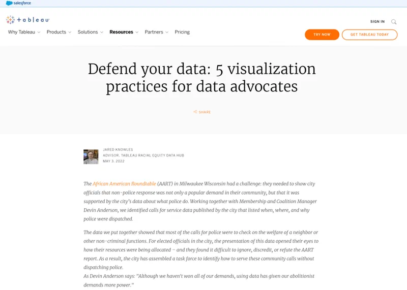 Screenshot of the Tableau website displaying a blog post titled 'Defend your data: 5 visualization practices for data advocates.' The post features a photograph of Jared Knowles, advisor at Tableau Racial Equity Data Hub.