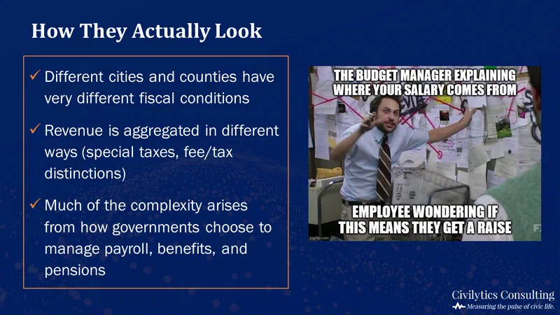 Meme contrasting a budget manager explaining complex finances with an employee wondering if this means a raise. The meme illustrates the challenges of understanding local government revenue sources and payroll management.