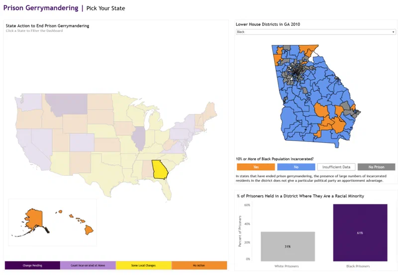 This map shows states' status on ending prison gerrymandering, with Georgia highlighted. The majority of districts in Georgia have a racial minority population incarcerated at a rate exceeding 10%, indicating potential prison gerrymandering.