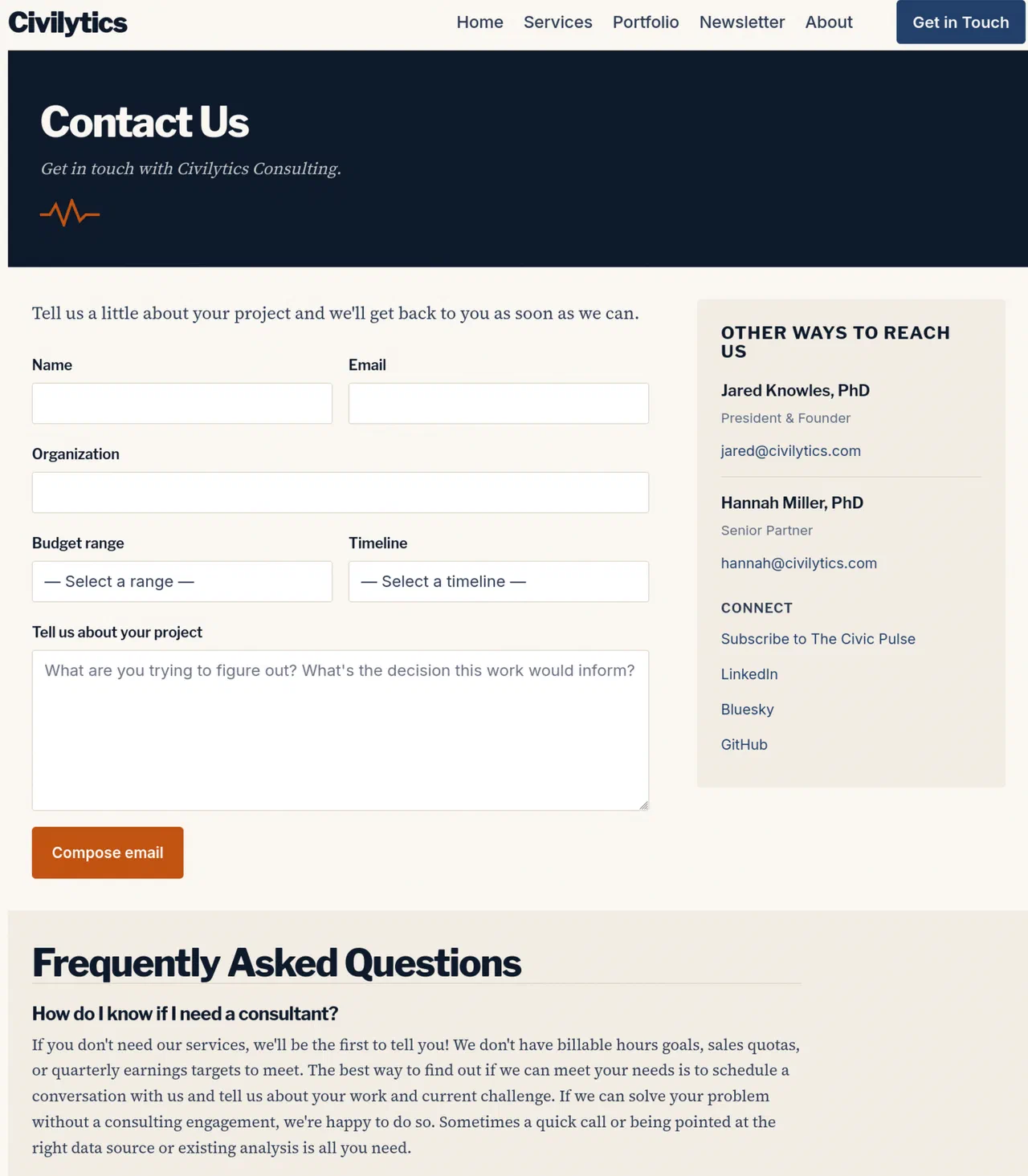 Contact page with named team contact cards