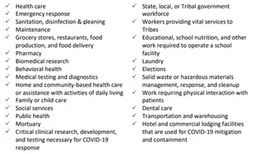 Bulleted list outlining essential worker categories eligible for State and Local Fiscal Recovery Funds. The list includes sectors like emergency response, sanitation, education, and healthcare, demonstrating the broad scope of eligible workers.