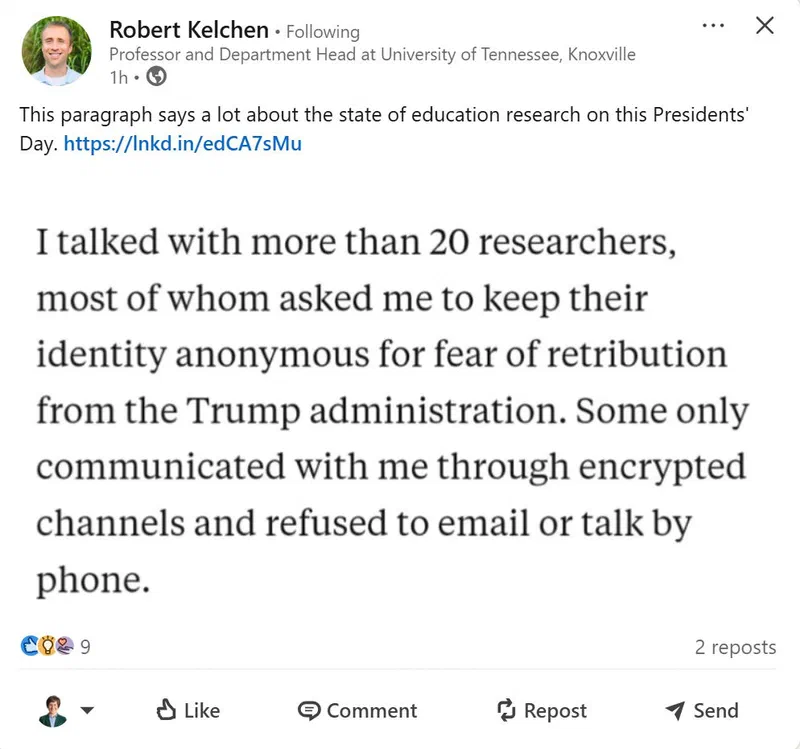 Profile picture of Robert Kelchen, a professor and department head at the University of Tennessee, Knoxville. He discusses concerns from over 20 education researchers regarding potential retaliation from the Trump administration for sharing their work.