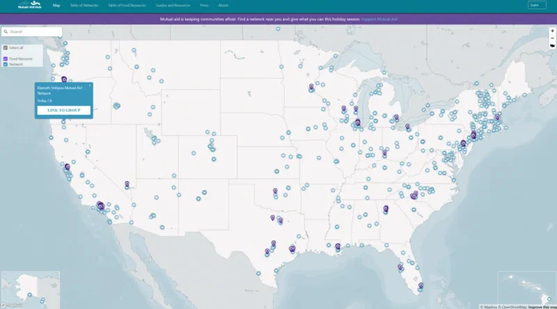 Interactive map showing Mutual Aid Hub locations across the United States, with a concentration in California and along the East Coast. The map illustrates Mutual Aid is keeping communities connected, providing resources, and giving what you can this holiday season.